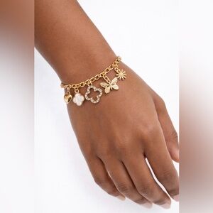 MINT Cream CZ Clover Butterfly Heart Flower Goldtone Dangle Charm Bracelet  NEW